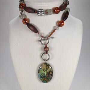 Silver Toned Oval Abalone Pendant With Wood and Plastic Beads Necklace